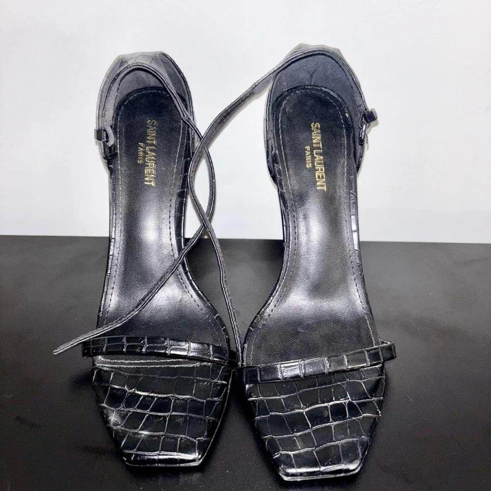 Saint Laurent Black Croc-Embossed YSL Logo Heel Sandal - Picture 3 of 4